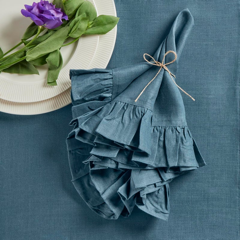 Solino Home Solino Home Linen Ruffle Dinner Napkins 20 x 20 Inch - 100% Pure Linen Peacock Blue Cloth Napkins Set of 4 - Gabrielle Ruffle  Handcrafted and Machine Washable Fabric  - Image 2
