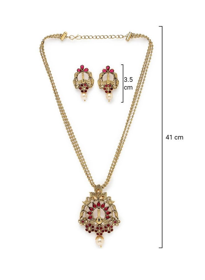Sukkhi طقم قلادة طويلة متعددة الخيوط مع أحجار حمراء على الطراز الهندي وأقراط | طقم مجوهرات للنساء (NS105687) - Image 4