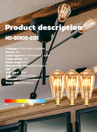 1 Piece Vintage 6W T64 LED Amber Filament Bulb – E27 Base, 360° Warm Glow Retro Edison Light, 370Lm High CRI 80+ Decorative Lamp - view 4