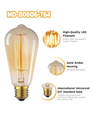1 Piece Vintage 6W T64 LED Amber Filament Bulb – E27 Base, 360° Warm Glow Retro Edison Light, 370Lm High CRI 80+ Decorative Lamp - view 3