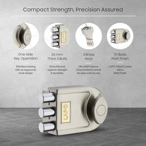 LAPO Main Door Tri-Bolt Deadbolt Lock, Premium Satin Matt Finish,Heavy Duty Wooden Door Lock with Fixed Cylinder&4 Brass Keys,Suitable for Inside&Outside Opening,High Security for Home,Office & Hotel - Image 4