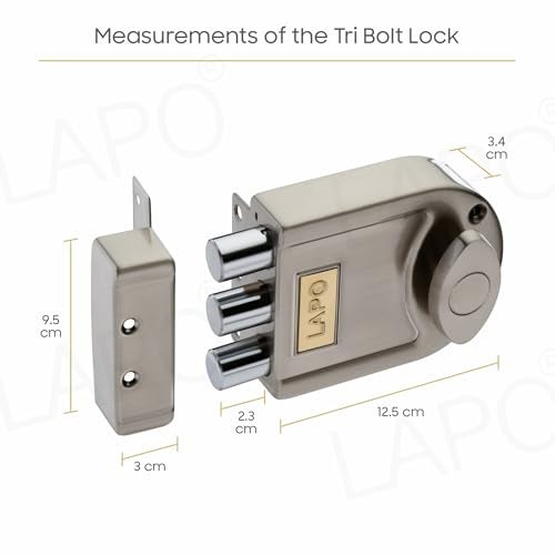 LAPO Main Door Tri-Bolt Deadbolt Lock, Premium Satin Matt Finish,Heavy Duty Wooden Door Lock with Fixed Cylinder&4 Brass Keys,Suitable for Inside&Outside Opening,High Security for Home,Office & Hotel - Image 2