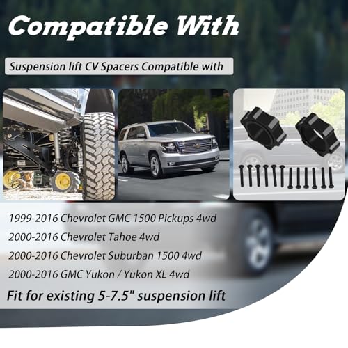 SeDeplacer CV Spacers with Hardware Compatible with 99-16 Chevrolet GMC 1500 Pickups,00-16 Chevrolet Tahoe,00-16 GMC Yukon/Yukon XL,00-16 Chevrolet Suburban 1500(Used on 5-7.5" Suspension Lift) - Image 2
