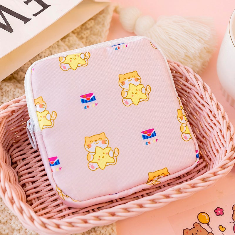 Portable Sanitary Pad Storage Bag for Students Happy Cat 