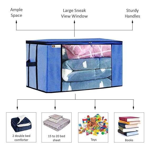 Unicrafts Rectangular Underbed Blanket Storage Bag for Wardrobe Organizer Standard size Blanket Cover with a large Transparent Window and Side Handles 1 Grey 1 Blue - Image 4