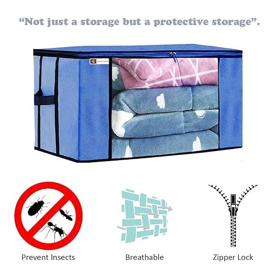 Unicrafts Rectangular Underbed Blanket Storage Bag for Wardrobe Organizer Standard size Blanket Cover with a large Transparent Window and Side Handles 1 Grey 1 Blue - Image 3