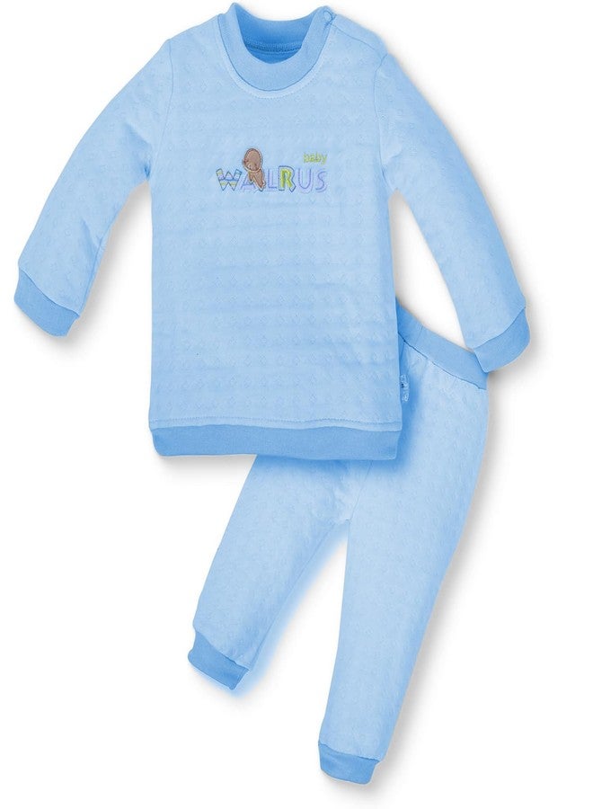 Pokory Night Suit Set Blue Soft Cotton 2-Piece with Walrus Design, Long Sleeve Top & Elastic Waist Pants Comfortable Sleepwear Dress for Baby Size 2 - Image 1