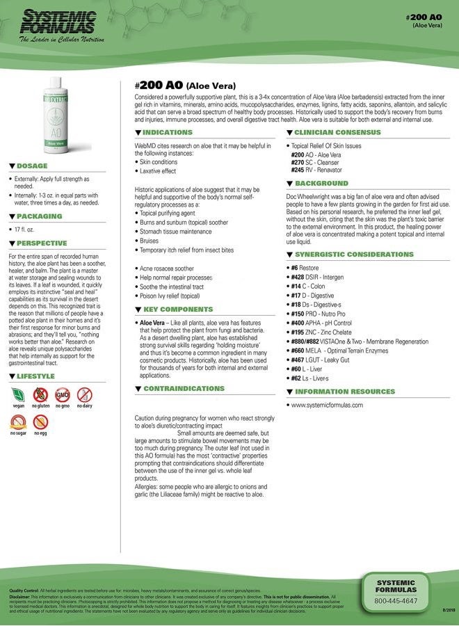 Systemic Formulas AO – Aloe Vera 16 Fl Oz BioExtract #200. 3-4x Concentration of Aloe Vera Extract from Inner Gel Rich. for Internal & External use.  - Image 2