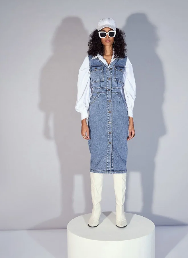 SASSAFRAS Denim Pinafore Shirt Dress for Women