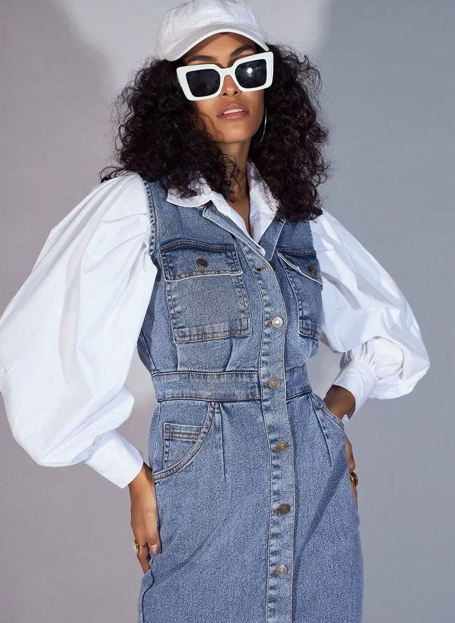 SASSAFRAS Denim Pinafore Shirt Dress for Women