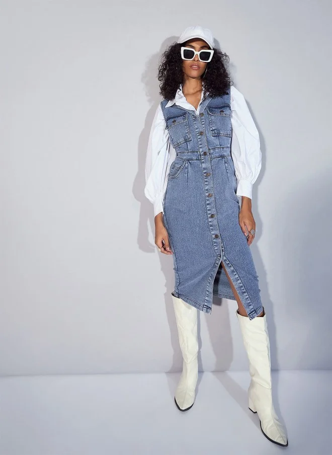 SASSAFRAS Denim Pinafore Shirt Dress for Women