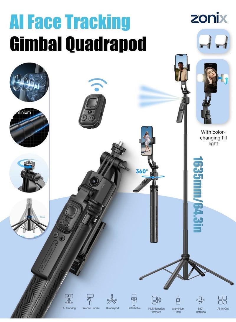 ZONIX Selfie Stick Quadrapod with AI Tracking Gimbal, Auto-Follow & Gesture Control, Detachable Umbrella-Keel Stand Extends to 1635mm, Heavy-Duty Aluminium Pole, Anti-Shake Handle, Multi-Function Bluetooth Remote (1/4" Mount), Built-in Dual Fill Lights – All-in-One for Vlogging, Live Streaming & Group Photos - Image 1
