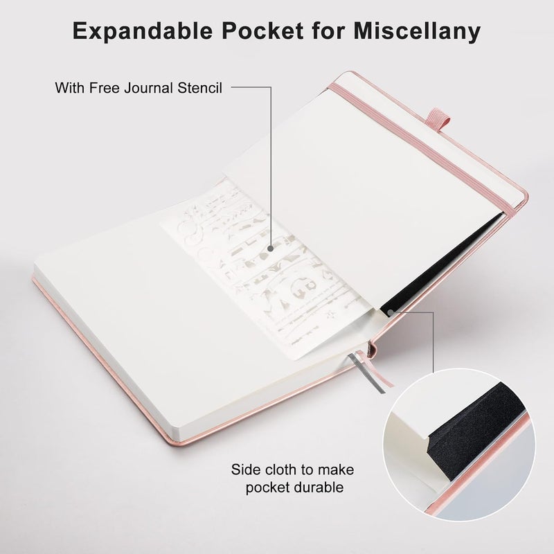 دفتر ملاحظات A5، غلاف صلب منقط، 160 صفحة، 120GSM، ذهبي وردي | ورق سميك 120GSM، دفتر منقط من الجلد PU مع استنسلات وجيب داخلي لتدوين الرصاص، 14.5 × 21 سم - Image 5