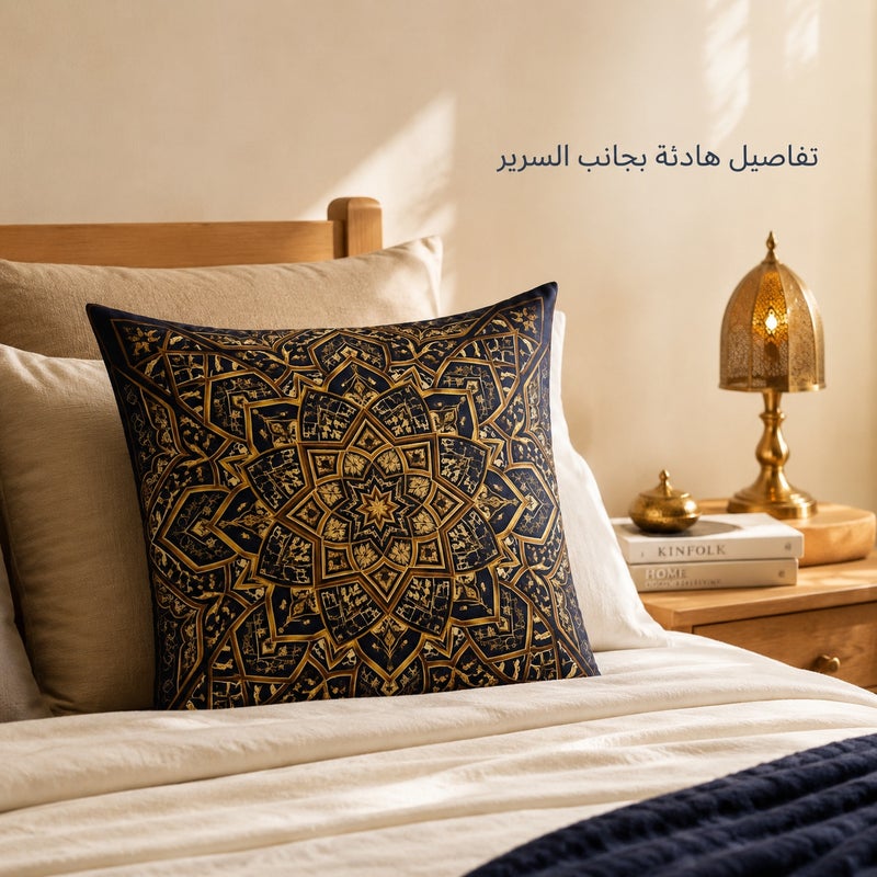 Navy Blue Gold Mandala Geometric Cushion Cover, Luxury Middle Eastern Decorative Pillow Cover for Sofa, Bedroom, Chair and Home Gift - Image 3