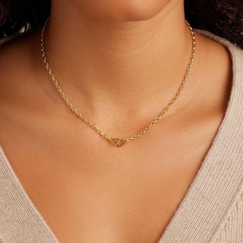 Stainless Steel Double Heart Clasp Necklace 18k Gold Plated Minimalist - Image 1