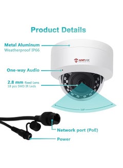 5MP PoE IP Dome Camera with Audio/Microphone IP Security Camera Outdoor Night Vision 98ft Weatherproof IP66 Indoor Wide Angle 2.8mm 24/7 Recording Motion Detection Alert#IPC-D250W-S