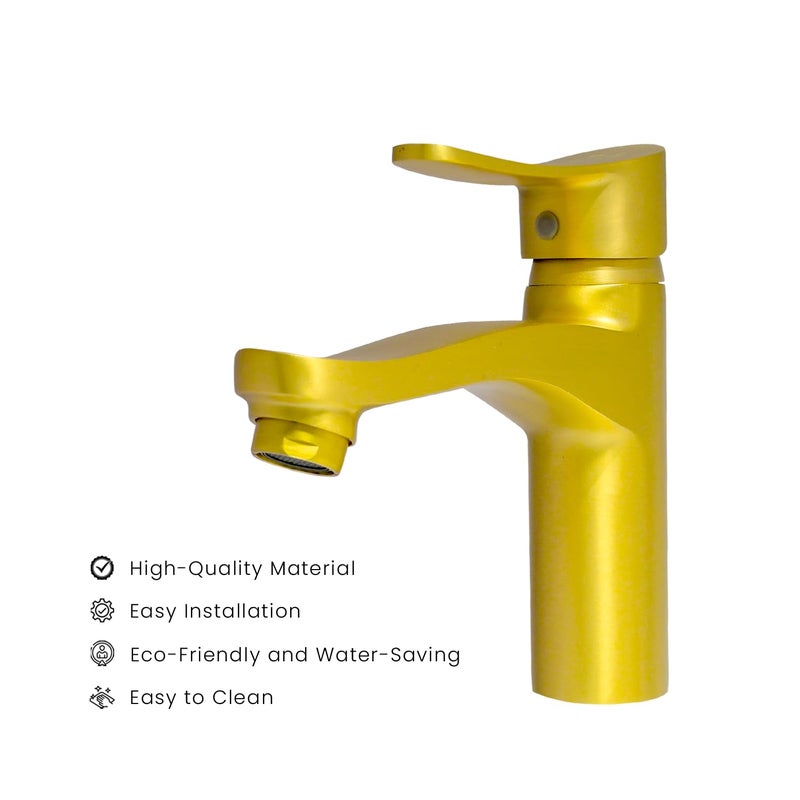 D&B Italian Bath Solution DB Bathware Lazzaro Brushed Gold Single Lever Basin Mixer Hot and Cold Faucet for Bathroom Kitchen Matt Finish Basin Mixer Tap with 610 mm Long Braided Hoses 5 Year Warranty Short Boy Design - Image 3