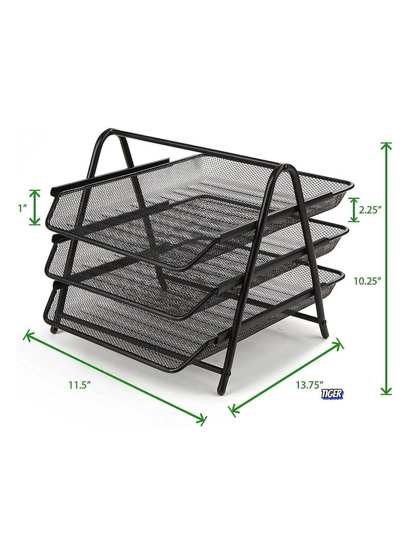 JAJEEK - 3-Tier Metal Mesh File Organizer – Desk Tray for A4 Papers, Letters & Folders, Desktop Storage Solution for Office & Home UseEfficient 3-Tier Design – The 3-tier metal mesh file organizer offers ample storage space for A4 papers, letters, and folders, helping you keep your desk organized and clutter-free, whether in your home office or professional workspace. - Image 1