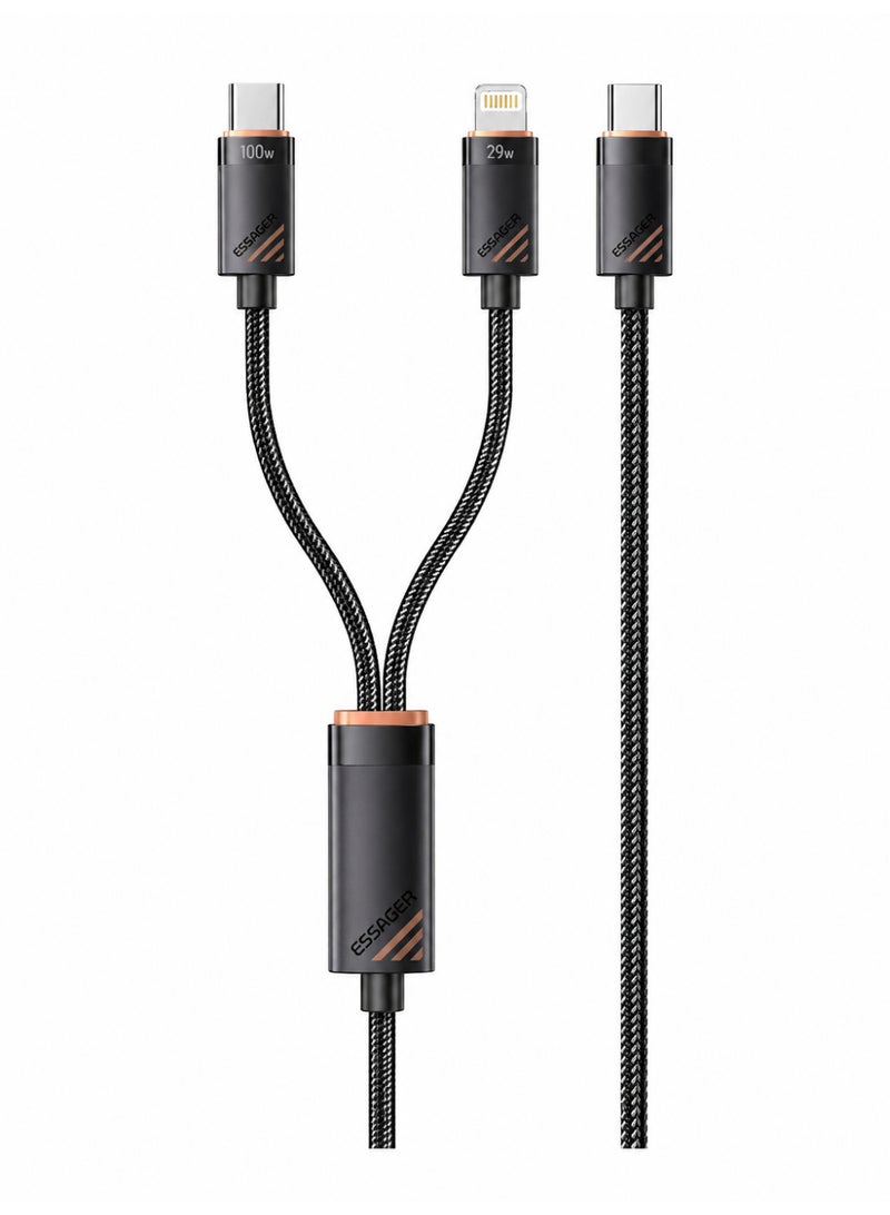 ESSAGER Type-C to Type-C + Lightning Fast Charging Cable 100W PD Split Cable 1.2M Braided USB C Cable for iPhone, MacBook, Android Devices - Image 1