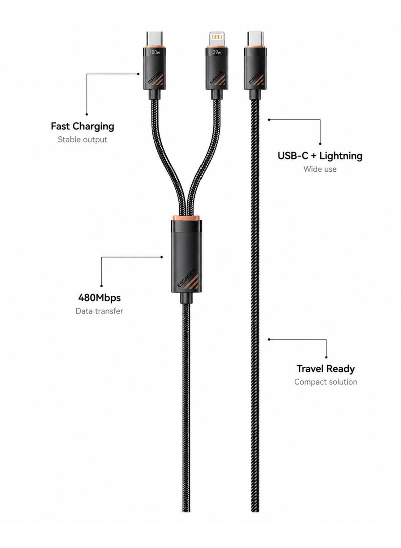 ESSAGER Type-C to Type-C + Lightning Fast Charging Cable 100W PD Split Cable 1.2M Braided USB C Cable for iPhone, MacBook, Android Devices - Image 4