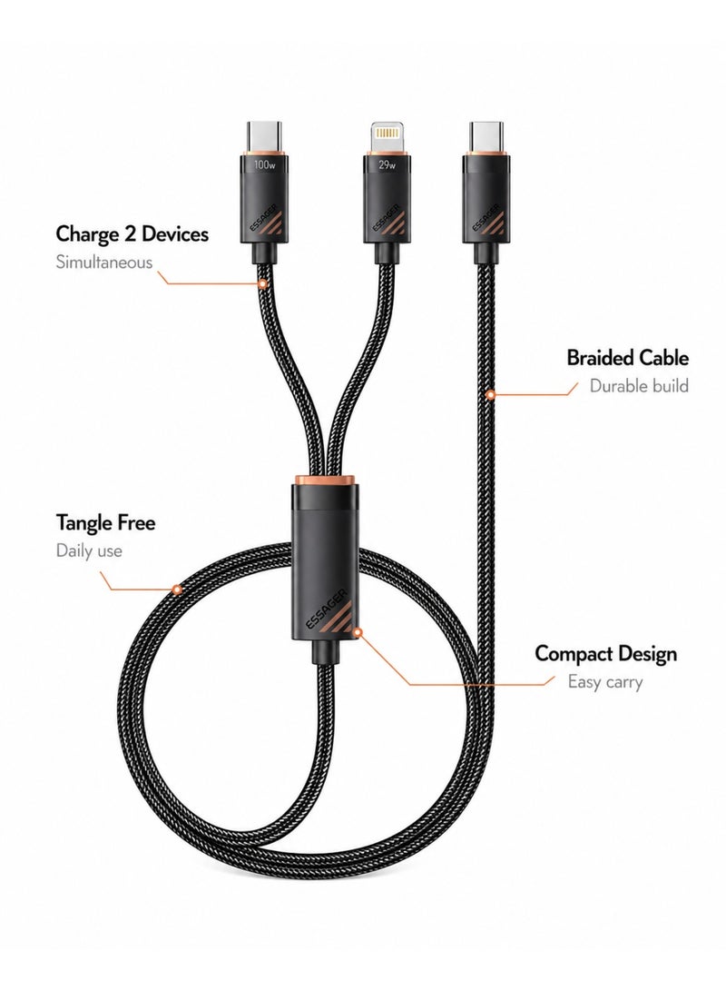 ESSAGER Type-C to Type-C + Lightning Fast Charging Cable 100W PD Split Cable 1.2M Braided USB C Cable for iPhone, MacBook, Android Devices - Image 2