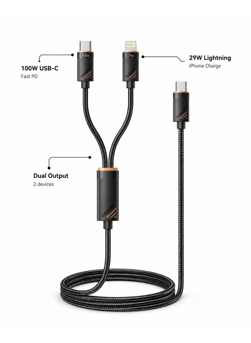 ESSAGER Type-C to Type-C + Lightning Fast Charging Cable 100W PD Split Cable 1.2M Braided USB C Cable for iPhone, MacBook, Android Devices - Image 3