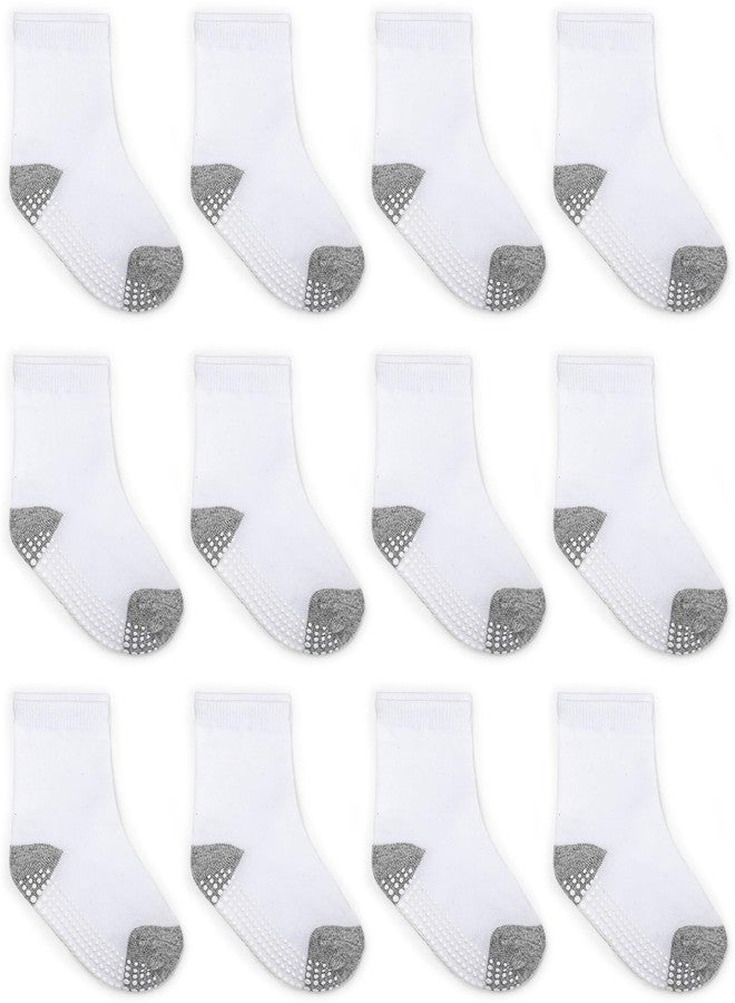 ZAPLES Baby Non Slip Grip Crew Socks with Anti Skid Soles for Infants Toddlers Kids Boys Girls, White Block - 12 Pairs, 12-3T