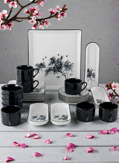 27 piece Porcelain Dinnerware Set, Set for 6, Microwave & Dishwasher Safe, Black Floral