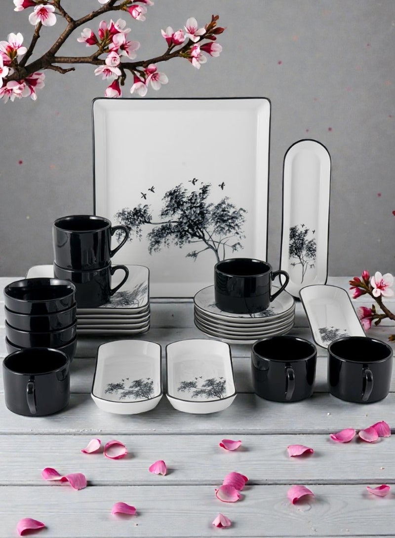 Noon East 24 piece Porcelain Dinnerware Set, Set for 6, Microwave & Dishwasher Safe, Black Floral - Image 1