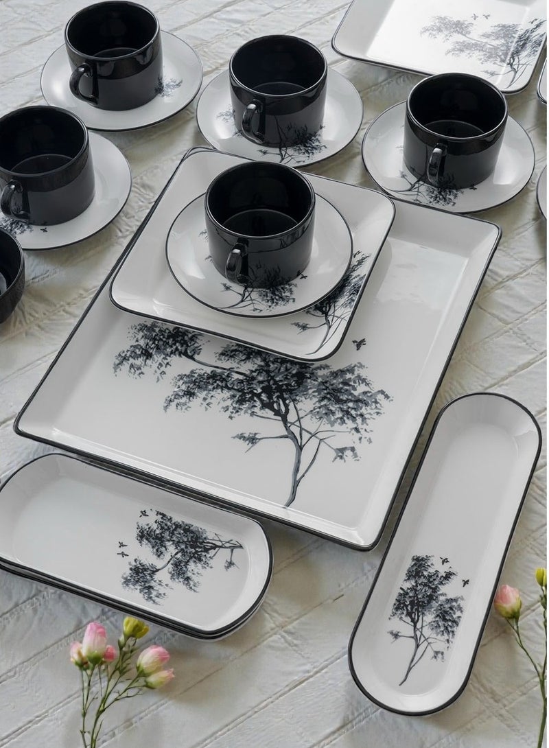 Noon East 24 piece Porcelain Dinnerware Set, Set for 6, Microwave & Dishwasher Safe, Black Floral - Image 2