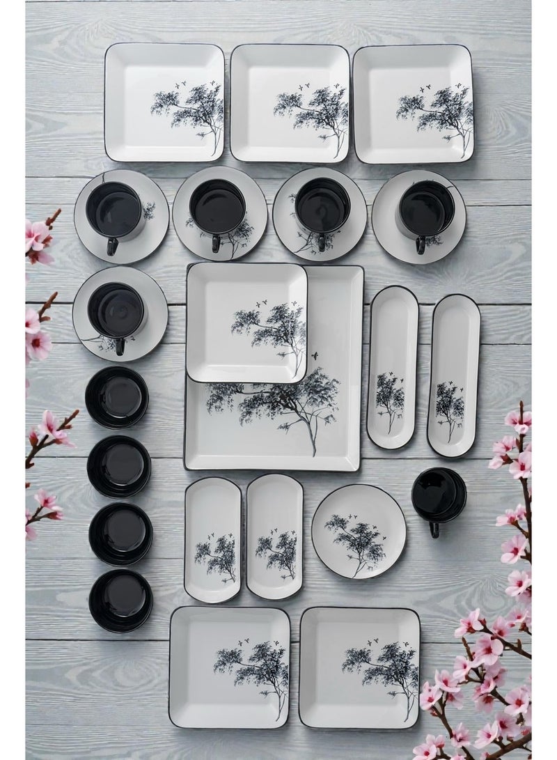 Noon East 24 piece Porcelain Dinnerware Set, Set for 6, Microwave & Dishwasher Safe, Black Floral - Image 3