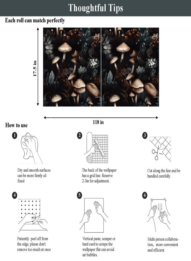 Laatse Black Mushroom Peel and Stick Wallpaper 17.5" x 118" Vintage Floral Contact Paper, Vinyl Self Adhesive Removable Waterproof Botanical Wall Paper for Room Shelves Cabinet Walls Decor - Image 5