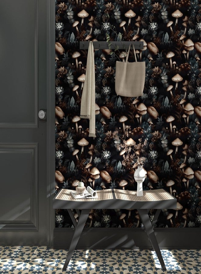 Laatse Black Mushroom Peel and Stick Wallpaper 17.5" x 118" Vintage Floral Contact Paper, Vinyl Self Adhesive Removable Waterproof Botanical Wall Paper for Room Shelves Cabinet Walls Decor - Image 2