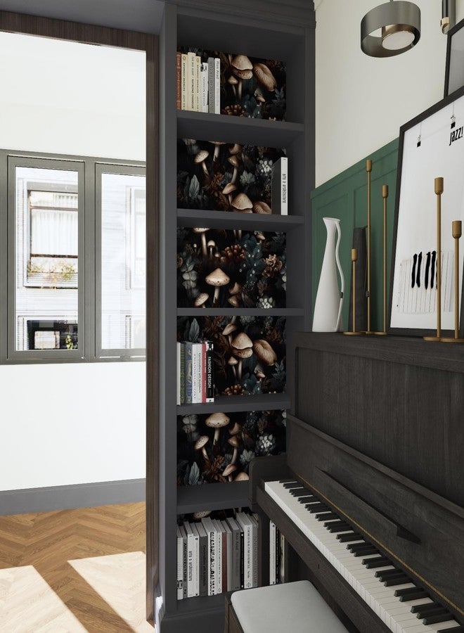 Laatse Black Mushroom Peel and Stick Wallpaper 17.5" x 118" Vintage Floral Contact Paper, Vinyl Self Adhesive Removable Waterproof Botanical Wall Paper for Room Shelves Cabinet Walls Decor - Image 3
