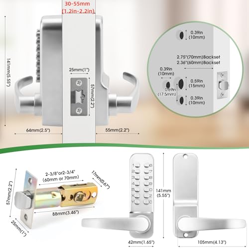 ANNFUZ Single-Sided Mechanical Keyless Keypad Door Handle Lock,Combination Push Button Code Front Entry Door Lock Lever Set,Auto-Locking,Interior Hold-Opening,for Garage,No Electronic(Pearl Chrome) - Image 2