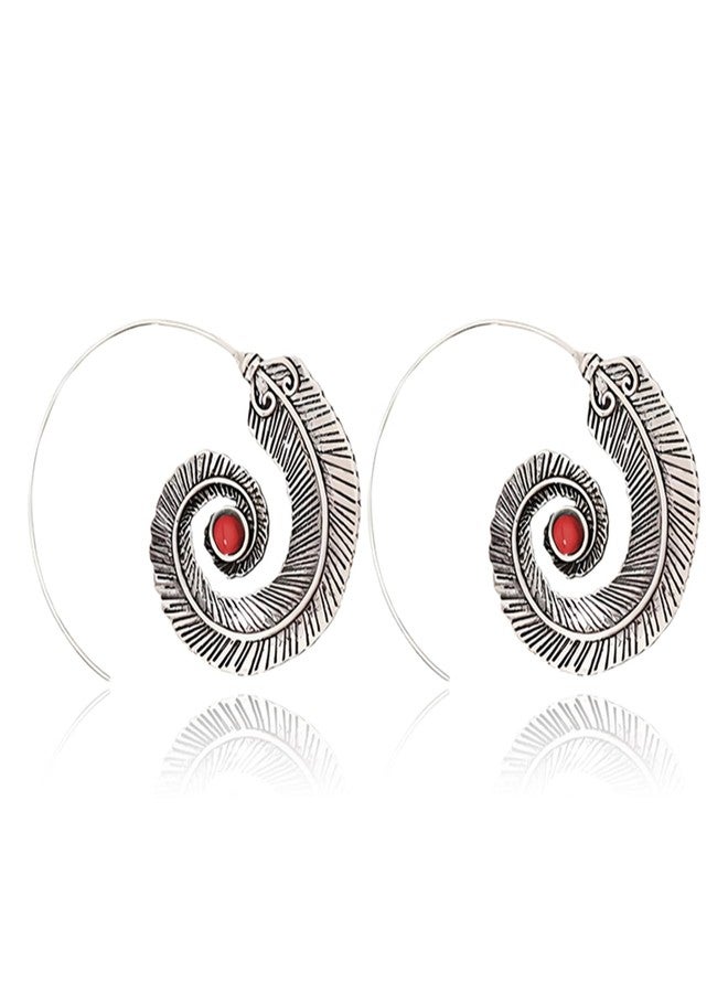 RLHRNDE Geometric Spiral Feather Earrings for Women Bohemian Turquoise Decoration Carved Twist Wave Thread Hoop Earrings Vintage Tribal Ethnic Jewelry Gift (Red) - Image 1