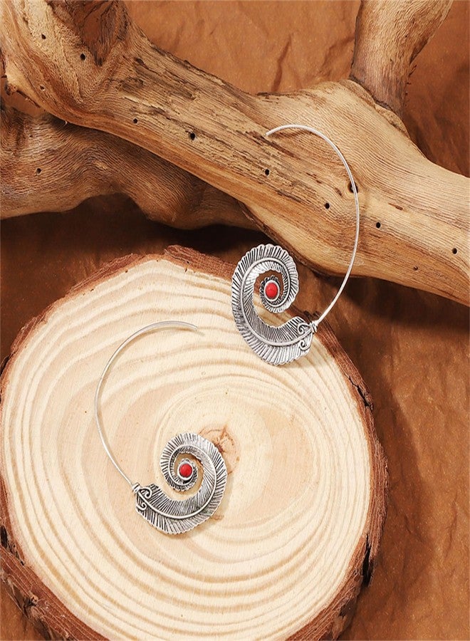 RLHRNDE Geometric Spiral Feather Earrings for Women Bohemian Turquoise Decoration Carved Twist Wave Thread Hoop Earrings Vintage Tribal Ethnic Jewelry Gift (Red) - Image 4