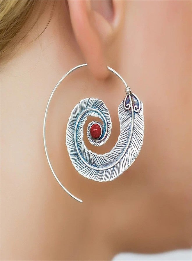 RLHRNDE Geometric Spiral Feather Earrings for Women Bohemian Turquoise Decoration Carved Twist Wave Thread Hoop Earrings Vintage Tribal Ethnic Jewelry Gift (Red) - Image 2