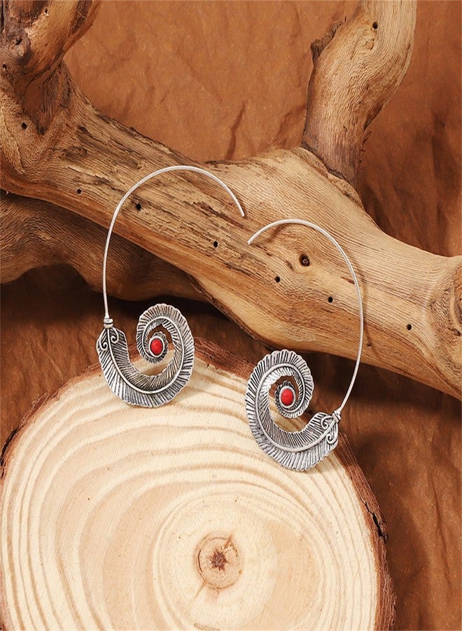 RLHRNDE Geometric Spiral Feather Earrings for Women Bohemian Turquoise Decoration Carved Twist Wave Thread Hoop Earrings Vintage Tribal Ethnic Jewelry Gift (Red) - Image 5