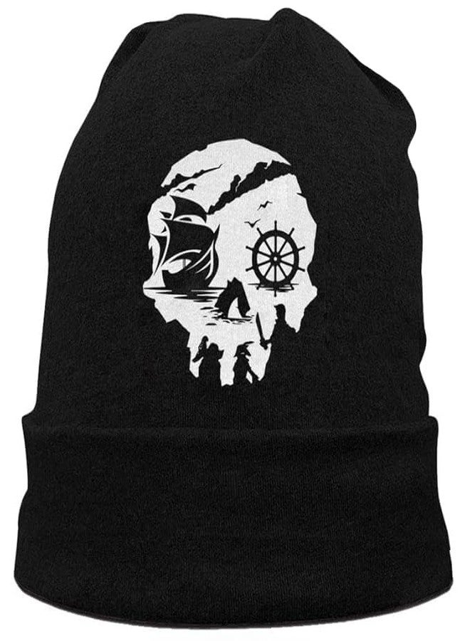 Negi Skull Beanie Hats for Men Women Unisex Winter Warm Skull Caps Stretch Slouchy Pirate Ship Knit Hat Ship Wheel Skull Cap Black - Image 1