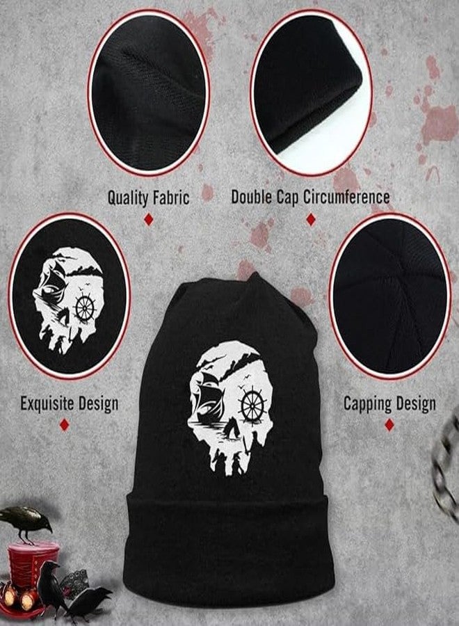 Negi Skull Beanie Hats for Men Women Unisex Winter Warm Skull Caps Stretch Slouchy Pirate Ship Knit Hat Ship Wheel Skull Cap Black - Image 4