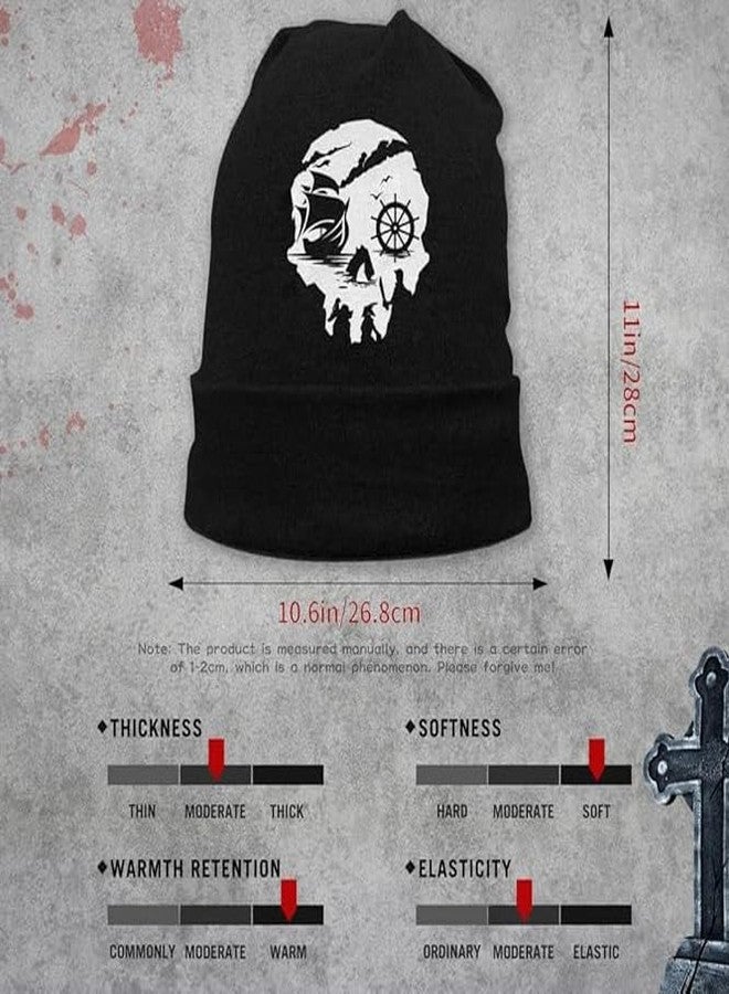 Negi Skull Beanie Hats for Men Women Unisex Winter Warm Skull Caps Stretch Slouchy Pirate Ship Knit Hat Ship Wheel Skull Cap Black - Image 3