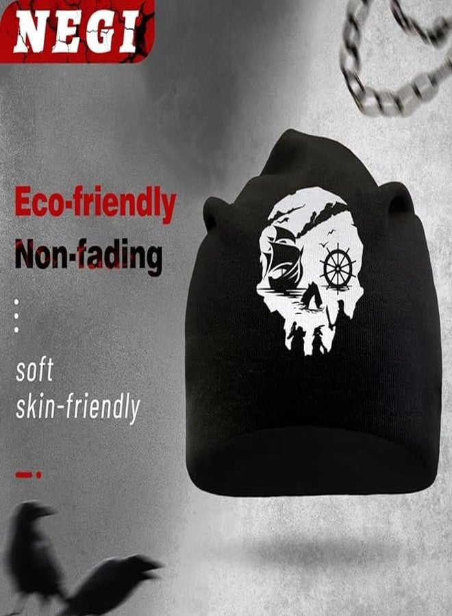 Negi Skull Beanie Hats for Men Women Unisex Winter Warm Skull Caps Stretch Slouchy Pirate Ship Knit Hat Ship Wheel Skull Cap Black - Image 5