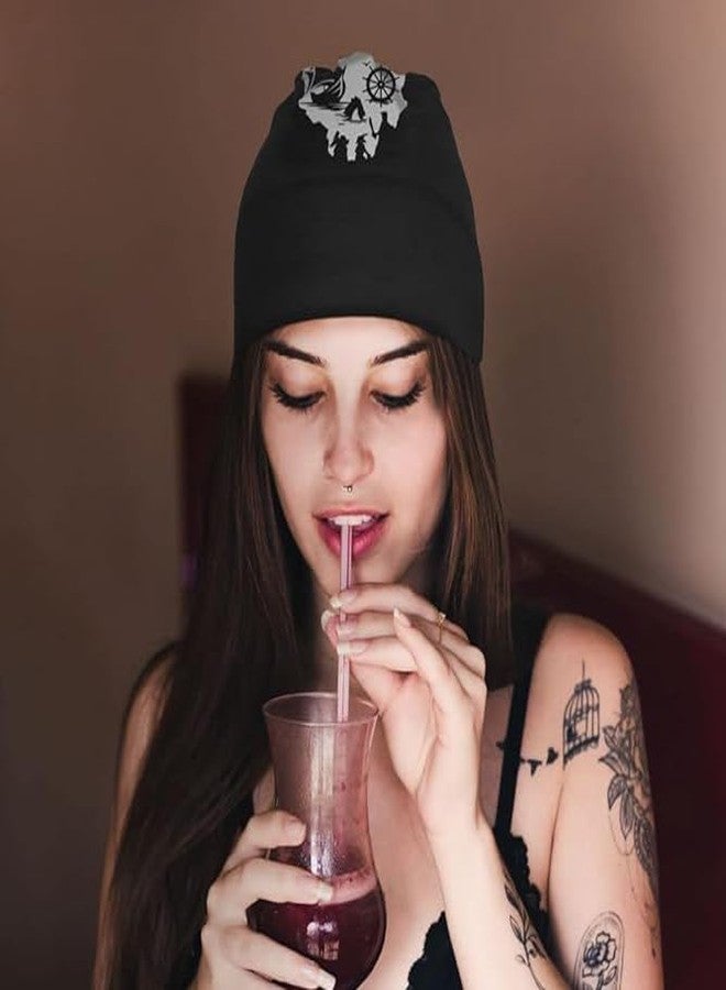 Negi Skull Beanie Hats for Men Women Unisex Winter Warm Skull Caps Stretch Slouchy Pirate Ship Knit Hat Ship Wheel Skull Cap Black - Image 2