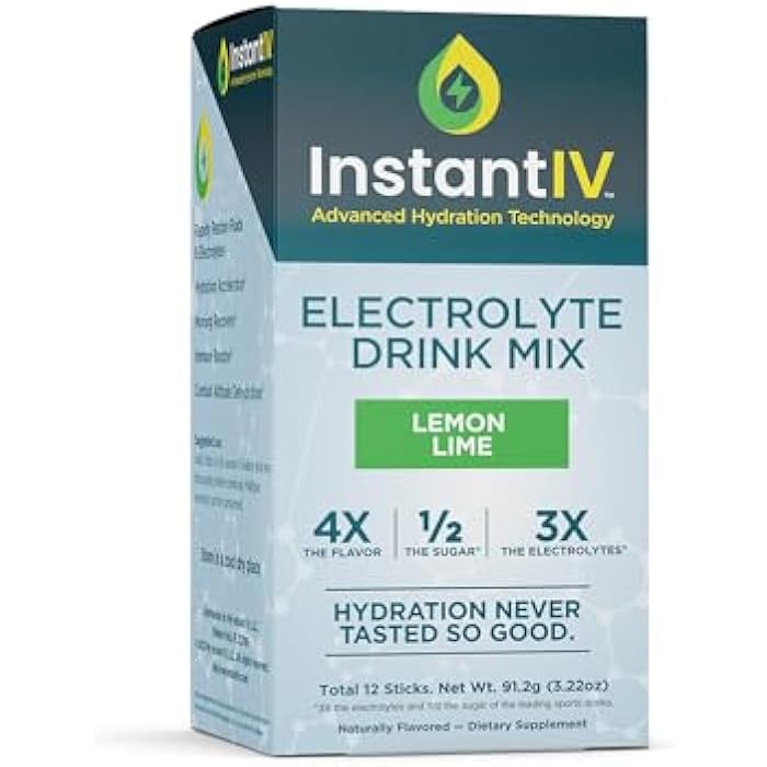 Instant IV Electrolytes Powder - 3X Electrolytes,1/2 Sugar with Vitamin C, B3, B6, Electrolytes Powder Packets for Hydration, Recovery & Immunity, Vegan & Gluten Free | Lemon Lime - 12 Packets - Image 1