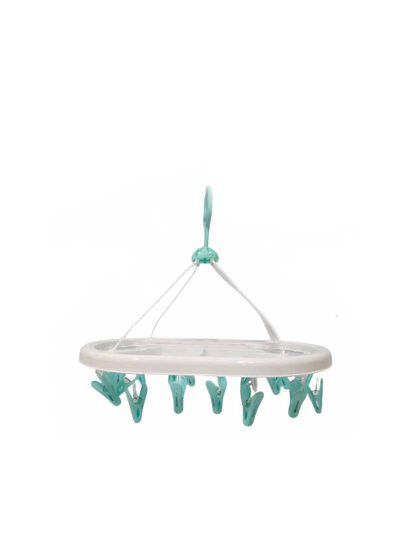 Plastic Round Laundry Hanger with 18 Clips – Space-Saving Clothes Drying Rack for Socks, Underwear & Baby Clothes – Durable White & Green Design for Indoor & Outdoor Use 