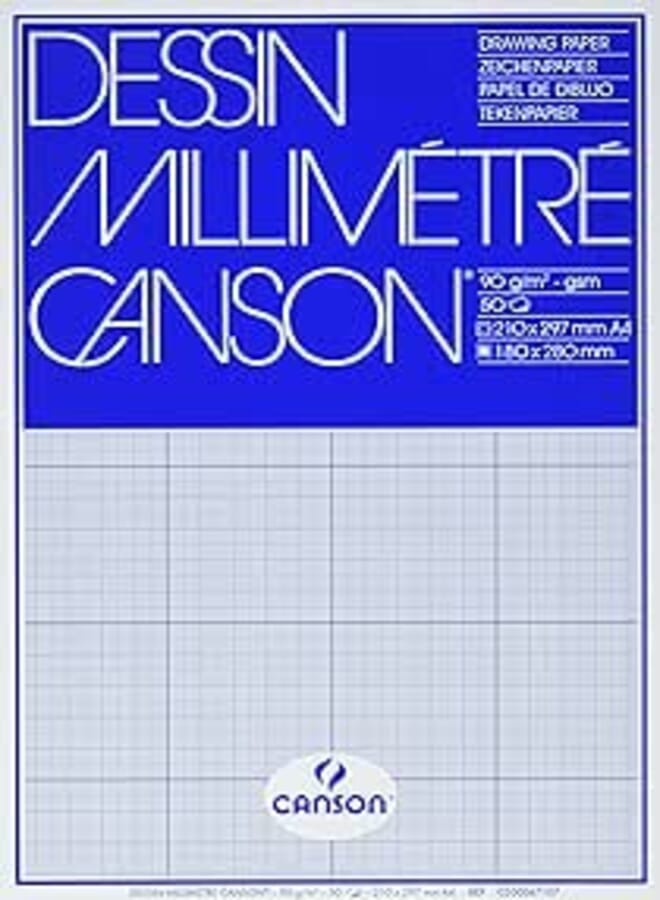 CANSON ورق كانسون ديسين مليمتر، ورق رسم ورسوم بيانية، ناعم، A4 90gsm، 50 ورقة زرقاء، ملصق من الجانب القصير، مثالي للفنانين المحترفين والرسومات الفنية