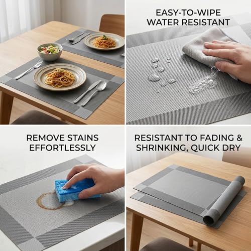 Ramkuwar Modern Dining Table Runner with Placemat Set Heat-Resistant Non-Slip Washable PVC Dining Mats for Kitchen, Parties, Dinners and Home Décor – Silver (Set of 8 Mats + 1 Runner) - Image 5