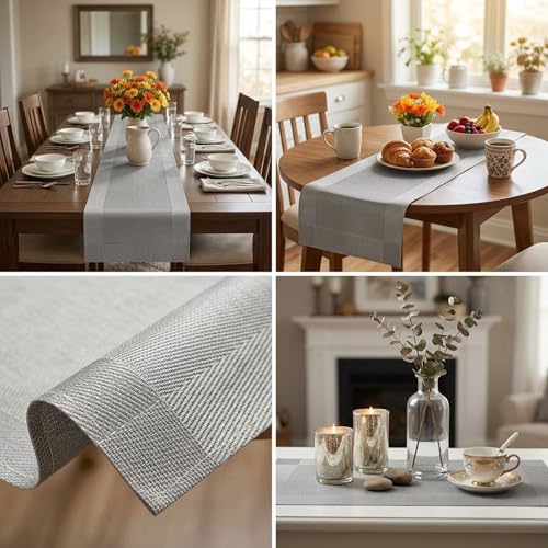 Ramkuwar Modern Dining Table Runner with Placemat Set Heat-Resistant Non-Slip Washable PVC Dining Mats for Kitchen, Parties, Dinners and Home Décor – Silver (Set of 8 Mats + 1 Runner) - Image 3