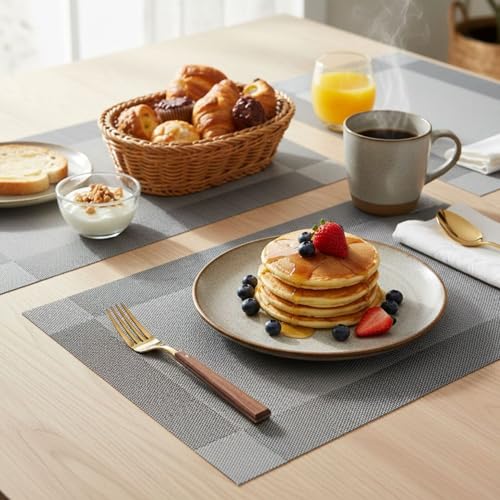 Ramkuwar Modern Dining Table Runner with Placemat Set Heat-Resistant Non-Slip Washable PVC Dining Mats for Kitchen, Parties, Dinners and Home Décor – Silver (Set of 8 Mats + 1 Runner) - Image 4
